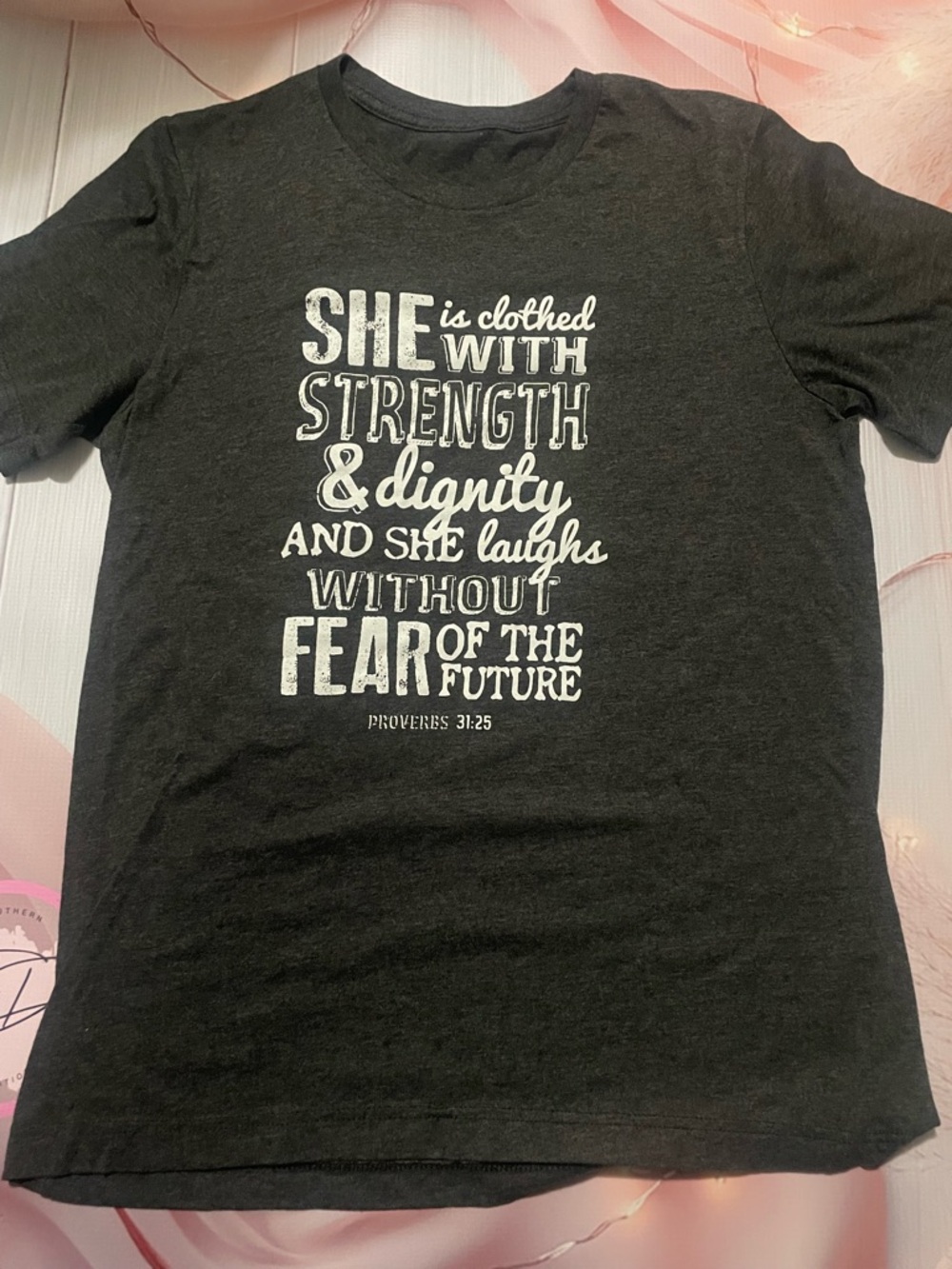 Girls' Black Inspirational Graphic Tee - Proverbs 31:25
